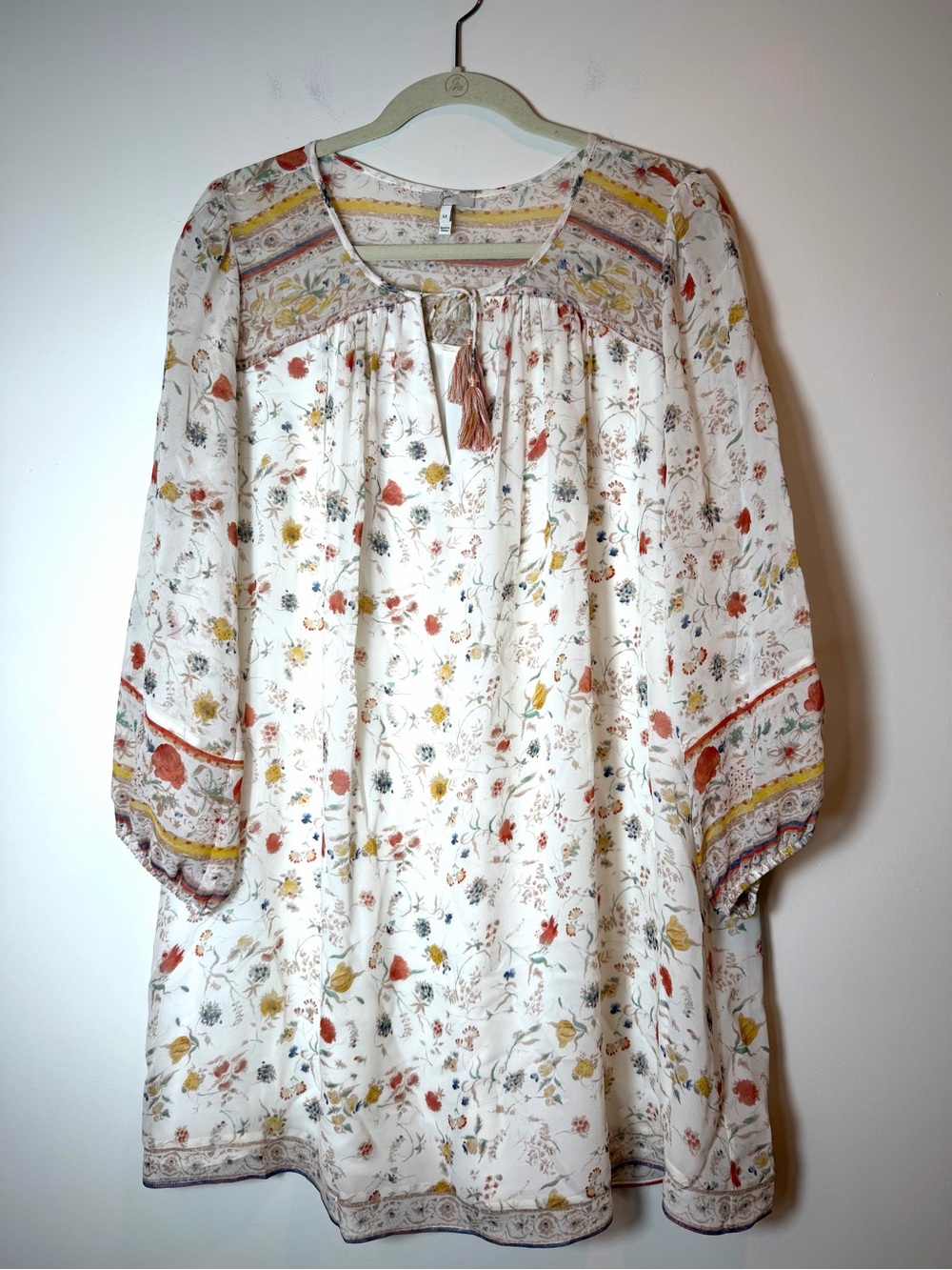 Joie Vesta 100% Silk Floral Tunic Mini Dress Porcelain Medium Boho Festival